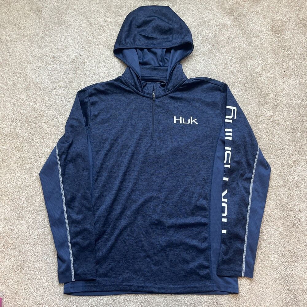 Huk Fishing Hoodie 1/4 Zip Mens Small Blue Outdoors Sweatshirt Performance